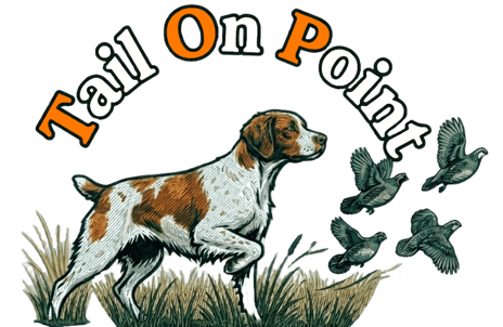 A dog standing alert in grass with birds flying nearby, and the text "Tail On Point" above.