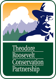 Logo featuring a stylized silhouette of a person in a hat, with mountains and trees in the background, and the text "Theodore Roosevelt Conservation Partnership" below.