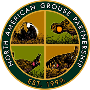 A circular logo with four quadrants, each depicting a different grouse bird in various poses. The text "North American Grouse Partnership" encircles the images, with "Est. 1999" at the bottom.