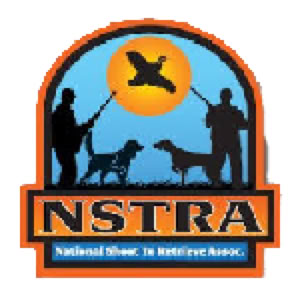 Silhouettes of two people with dogs and a bird in front of an orange sun, with the text "NSTRA National Shoot To Retrieve Assoc."