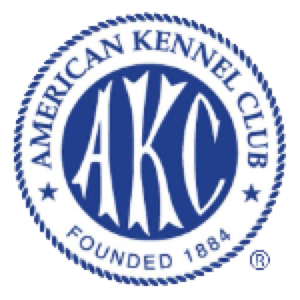 Blue and white circular logo with the letters "AKC" in the center, surrounded by the text "American Kennel Club" and "Founded 1884."