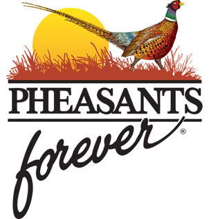 "Pheasants Forever" logo featuring a pheasant in front of a yellow sun with grass, and the words "Pheasants Forever" in stylized text.